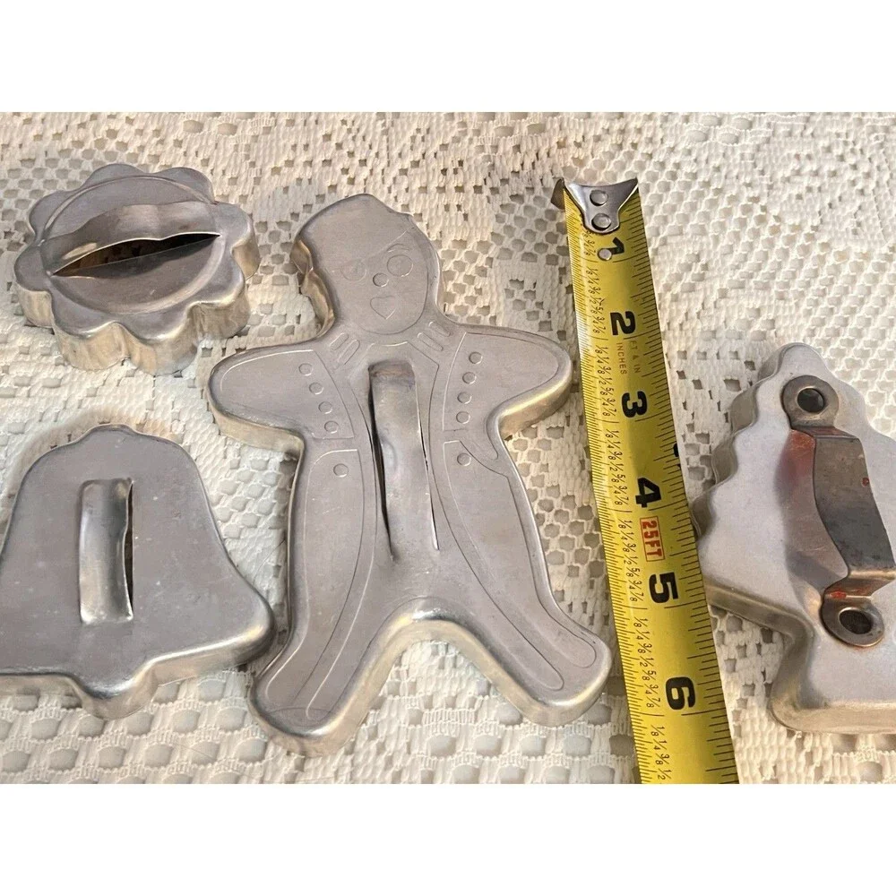 Vintage Aluminum Cookie Cutter Set 4 Gingerbread Tree Bell Flower Baking Mold